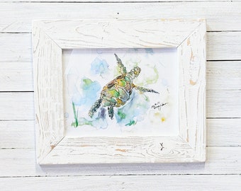 Turtle - Local coastal art with 17x21-in handmade picture frame.