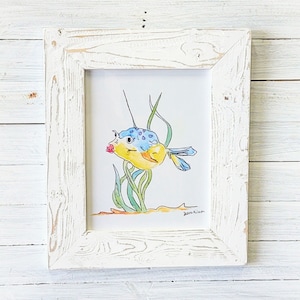 Puffer fish watercolor. Local coastal art with 17x21-in handmade picture frame.