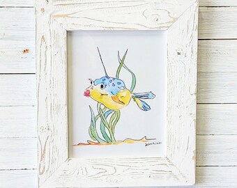 Puffer fish watercolor. Local coastal art with 17x21-in handmade picture frame.