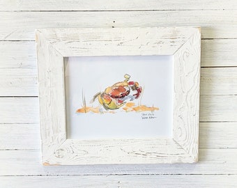 Crab watercolor. Local coastal art with 17x21-in handmade picture frame.