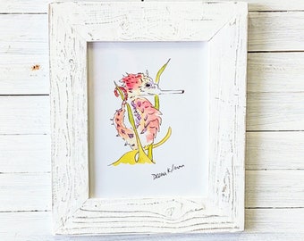 Colorful seahorse watercolor. Local coastal art with 17x21-in handmade picture frame.