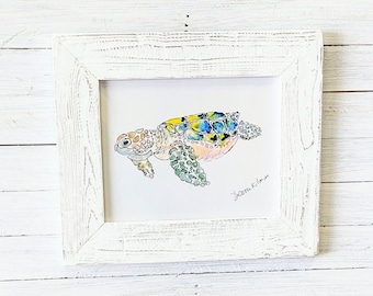Sea turtle watercolor. Local coastal art with 17x21-in handmade picture frame.