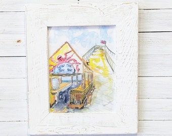 Low tide tiki bar Carolina Beach NC .   Local coastal art with 17x21-in handmade picture frame.