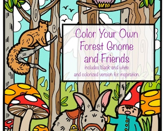 Página para colorir Gnome e seus amigos pronta para imprimir, download digital NOVO!