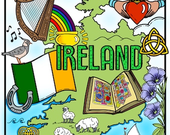Página para colorir e gráfico da Irlanda, download digital pronto para impressão NOVO!