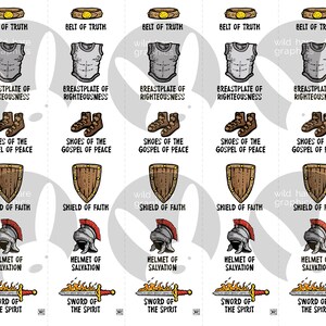 May include: Five vertical bookmarks with a Christian theme. Each bookmark features a different piece of armor from the Bible verse Ephesians 6:11-18. The armor includes a belt of truth, breastplate of righteousness, shoes of the gospel of peace, shield of faith, helmet of salvation, and sword of the spirit.
