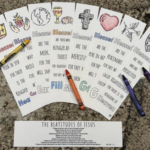 May include: Eight colorful bookmarks with illustrations and text. The bookmarks feature the Beatitudes of Jesus, with each bookmark focusing on a different beatitude. The text includes "Blessed are the poor in spirit", "Blessed are those who hunger and thirst for righteousness", "Blessed are the meek", "Blessed are the merciful", "Blessed are the pure in heart", "Blessed are the peacemakers", "Blessed are those who are persecuted for righteousness sake", and "Blessed are those who are persecuted for righteousness sake".
