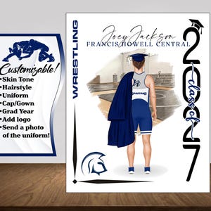 May include: A digital illustration of a wrestler wearing a blue and white singlet with a graduation cap and gown. The text reads Joey Jackson, Francis Howell Central, Wrestling, and Class of 2027. A side panel lists customization options.