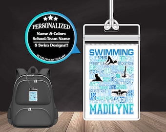 May include: A personalized swimming lanyard with a blue and white design. The lanyard features a swimmer silhouette and the word "SWIMMING" in a word cloud with other swimming related terms. The name "MADILYNE" is printed at the bottom of the lanyard.