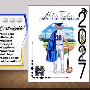 May include: A digital print featuring a baseball player in a pinstriped uniform with number 16, holding a bat and glove, wearing a graduation cap and gown. Text includes Miles Taylor, NORTHEAST HIGH SCHOOL, and Class of 2027. Includes customization list.