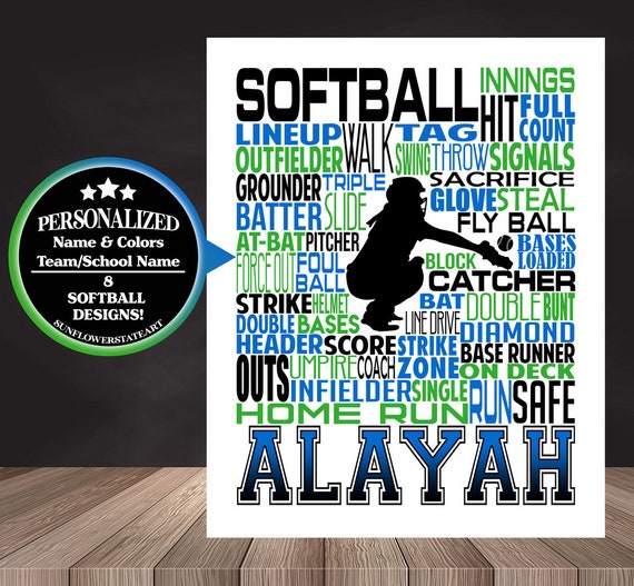 Personalized Softball Poster Typography, Softball Gift Ideas, Gift For Softball Players, Softball Wall Art, Softball Team Gift