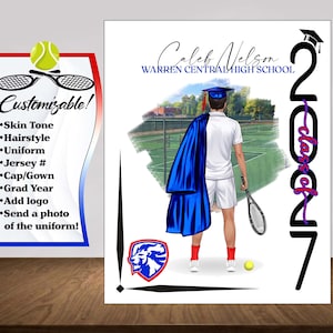 May include: A graduation poster featuring a tennis player in a white uniform and blue gown, holding a racket on a court. Text includes Caleb Nelson, Warren Central High School, and Class of 2027. A lion logo and customizable options are displayed.