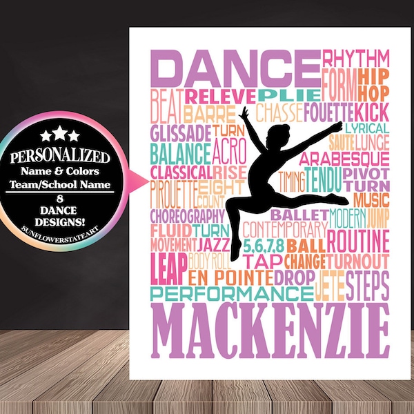 Dance Typography, Gift for Dancer, Personalized Dance Poster, Dancing Art, Dancing Print, Dance Team Gift, Custom Dancer, Custom Dance