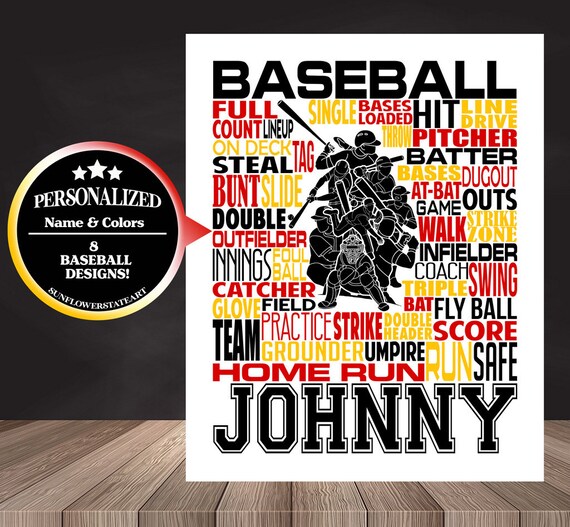 Baseball Art, Baseball, Baseball Gift Ideas, Pitcher, Catcher, Batter, Typography Personalized, Baseball Team Gift, Word Art Custom