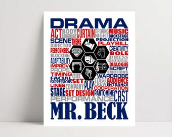 May include: A white poster featuring the word DRAMA in large blue letters at the top and MR. BECK at the bottom. The center contains a cluster of black hexagons with white icons of a ticket, hand, masks, curtain, music note, and flowers.
