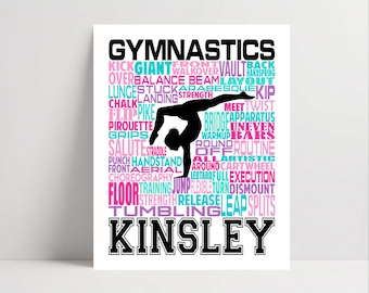 May include: A rectangular poster featuring the word GYMNASTICS in black at the top and the name KINSLEY in black at the bottom. Between these, a black silhouette of a gymnast performing a handstand is surrounded by pink, blue, and purple text.