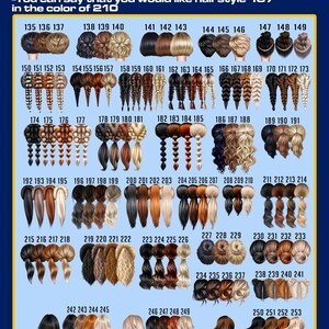 May include: A chart displaying various hairstyles, each numbered for selection. The image includes text indicating that hairstyles can be lightened or darkened, but highlights cannot be added. The text also mentions specifying hairstyle 137 in color 210.