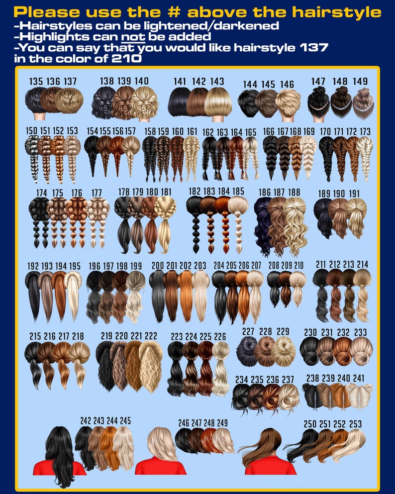 May include: A chart displaying various hairstyles, each numbered for selection. The image includes text indicating that hairstyles can be lightened or darkened, but highlights cannot be added. The text also mentions specifying hairstyle 137 in color 210.