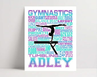 May include: A white poster featuring a black silhouette of a gymnast performing a handstand on a balance beam. The background is filled with purple and teal gymnastics-related words like vault, flip, and routine, with the name ADLEY at the bottom.