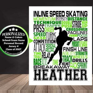 May include: Black and green word art print with a silhouette of a person inline skating. The text includes "Inline Speed Skating" and "Heather".