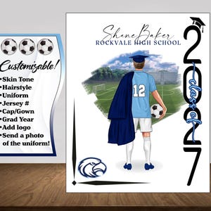May include: Customizable graduation portrait featuring a soccer player in a light blue jersey with the number 12, holding a soccer ball. The image includes the text "Class of 2027" and "Rockvale High School".