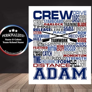 May include: A white background with a red and blue word cloud of rowing terms. The word "CREW" is in large blue letters at the top. The name "ADAM" is in large blue letters at the bottom.