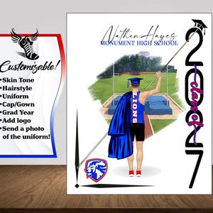 May include: Customizable graduation announcement featuring a high jumper in a blue uniform with the word "LIONS" on the back. The announcement includes the name "Nathan Hayes" and "Monument High School". The year "2027" is displayed vertically.