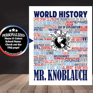 World History Poster, Personalized History Teacher Sign, World History Teacher Gift, Gift for World History Teacher, Classroom Decor
