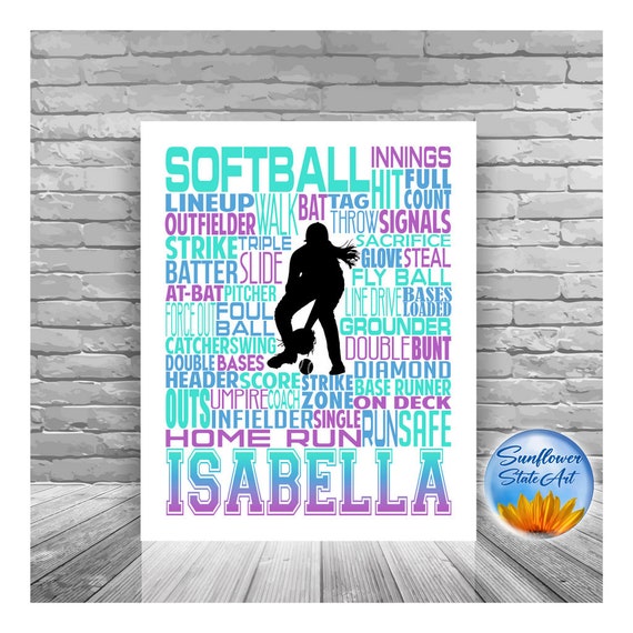 Softball Poster Typography, Softball Gift Ideas, Gift For Softball Players, Softball Wall Art, Softball Team Gift, Personalized Softball
