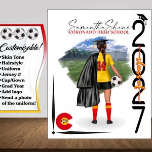May include: Illustration of a soccer player in a yellow jersey with the number 14, black shorts, and red socks, holding a soccer ball. The image includes text that says "Samantha Shane Coronado High School" and "Class of 2017".