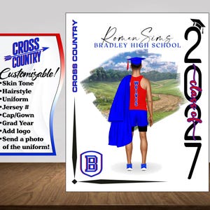 May include: A customizable cross country graduation design featuring a runner in a red jersey and blue shorts, with a blue graduation gown and cap. The design includes the text "Class of 2027" and "Bradley High School."