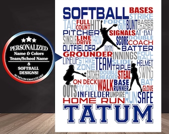 Personalized Softball Poster Typography, Softball Gift Ideas, Gift For Softball Players, Softball Wall Art, Softball Team Gift