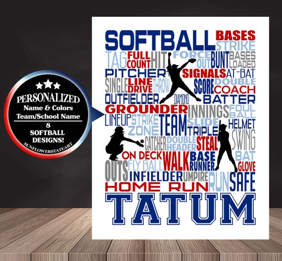 Personalized Softball Poster Typography, Softball Gift Ideas, Gift For Softball Players, Softball Wall Art, Softball Team Gift