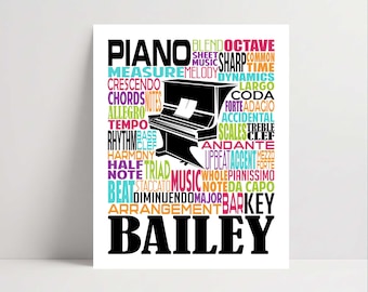 May include: A rectangular wall art print featuring a central black silhouette of a grand piano surrounded by a colorful word cloud of musical terms including piano, melody, rhythm, and chords, with the name Bailey printed in large black letters below.