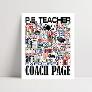 May include: A rectangular poster featuring the text P.E. TEACHER and COACH PAGE in large black letters. The center contains a word cloud of fitness terms in red, blue, green, and black, with icons of a football, soccer ball, clipboard, and whistle.