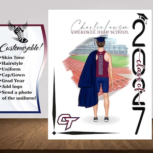 May include: A customizable graduation print featuring a student in a maroon and blue track uniform with the word COUGARS, holding a navy blue gown. The design includes the text Charlie Lawson, CHEROKEE HIGH SCHOOL, and 2027, set against a track field background with a CT logo.