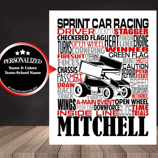 Personalized Sprint Car Poster, Sprint Car Gift, Sprint Car Typography, Gift for Sprint Car Driver, Race Car Driver Gift, Dirt Track Racing