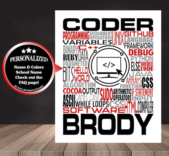 Computer Coding Typography, Personalized Computer Coding Poster, Gift for Computer Coder, Computer Programmer Gift, Coding Gift, Coder Gift