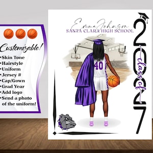 May include: A digital illustration of a basketball player in a purple and white uniform, holding a basketball. The image includes text that says "Emma Johnson, Santa Clara High School, Class of 2027". Customizable options are listed on the left.