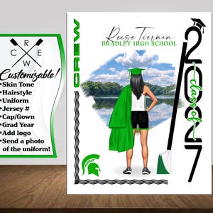 May include: A customizable graduation design featuring a person in a green cap and gown, standing before a lake scene. The design includes the text "Class of 2017", "Crew", and the name "Reese Tiernan, Bradley High School". Additional customization options are listed.