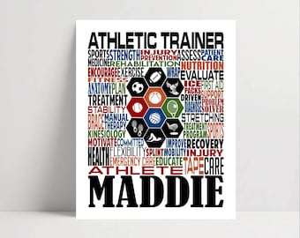 Può includere: Un poster rettangolare con il testo ATHLETIC TRAINER in alto e MADDIE in basso. Il centro presenta un motivo a nido d'ape con icone di attrezzature sportive e attività, circondato da varie parole relative alla medicina dello sport.
