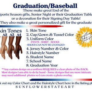 May include: A graphic with text for personalized graduation or baseball gifts. It includes options for skin tones, cap/gown colors, uniform colors, jersey numbers, hairstyles, student names, school names, and graduation year. The Sunflower State Art logo is also visible.