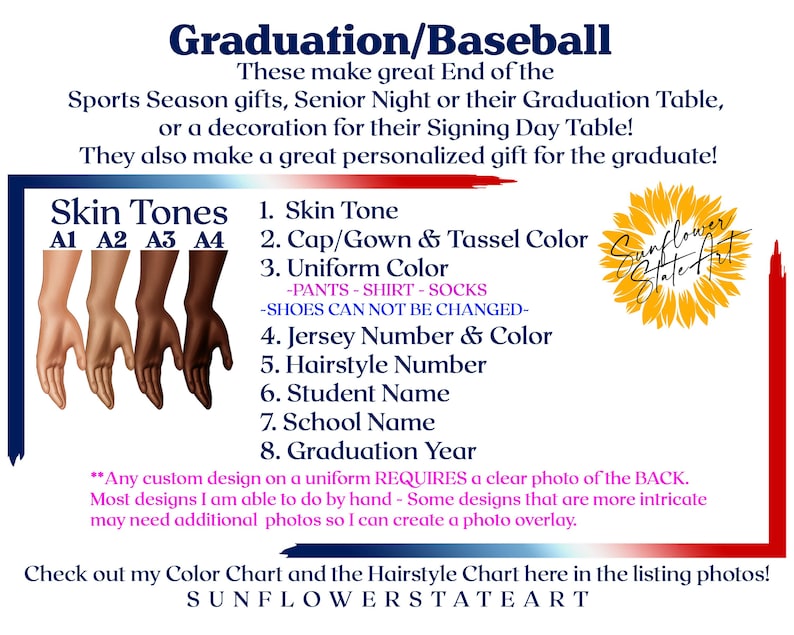 May include: A graphic with text for personalized graduation or baseball gifts. It includes options for skin tones, cap/gown colors, uniform colors, jersey numbers, hairstyles, student names, school names, and graduation year. The Sunflower State Art logo is also visible.
