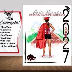 May include: A graduation-themed illustration featuring a female figure in a red track uniform and graduation cap, holding a red graduation gown. The text reads "Amelia Hernandez, Coronado Memorial High School" and "Class of 2027". A customizable graphic is on the left.