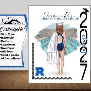 May include: A digital illustration of a swimmer in a blue patterned swimsuit holding a white graduation gown, standing before a pool. Text includes Jasmine Rose, Robinson High School, and Class of 2027. A side panel lists customization options.
