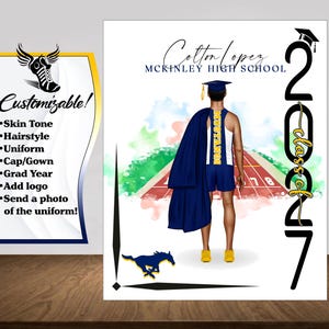 May include: A graduation portrait featuring a student in a blue and gold track uniform, cap, and gown. The image includes the text "Cotton Lopez, McKinley High School" and "Class of 2027". A customizable design option is also shown.
