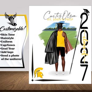May include: A graduation poster featuring a person in a yellow tank top and black shorts, holding a black graduation gown and cap. The text reads Curtis Olson, St. John's Prep, and Class of 2027. A yellow Spartan helmet logo is in the corner.