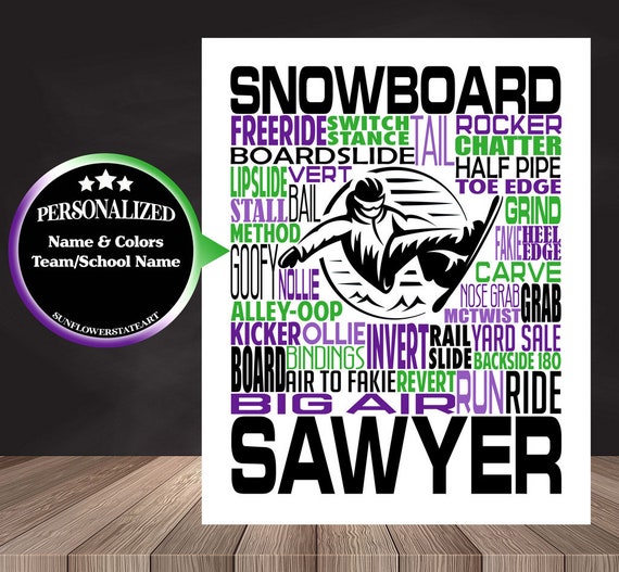 Personalized Snowboarder Poster, Snowboarder Typography, Gift for Snowboarder, Snowboarding Team Gift, Snow Skiing Typography, Skier Poster