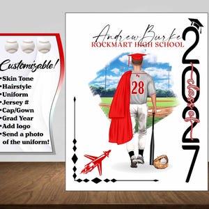 May include: A customizable graduation design featuring a baseball player in a jersey with the number 28, a red graduation gown, and a baseball bat. The design includes the text "Andrew Burke, Rockmart High School" and "Class of 2017".