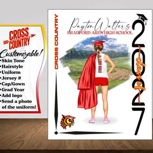 May include: A customizable cross country design featuring a runner in a graduation cap and gown, with a red cape. The design includes the text "Payton Watters, Bradford Area High School" and "Class of 2017". A separate sign says "Cross Country Customizable!"